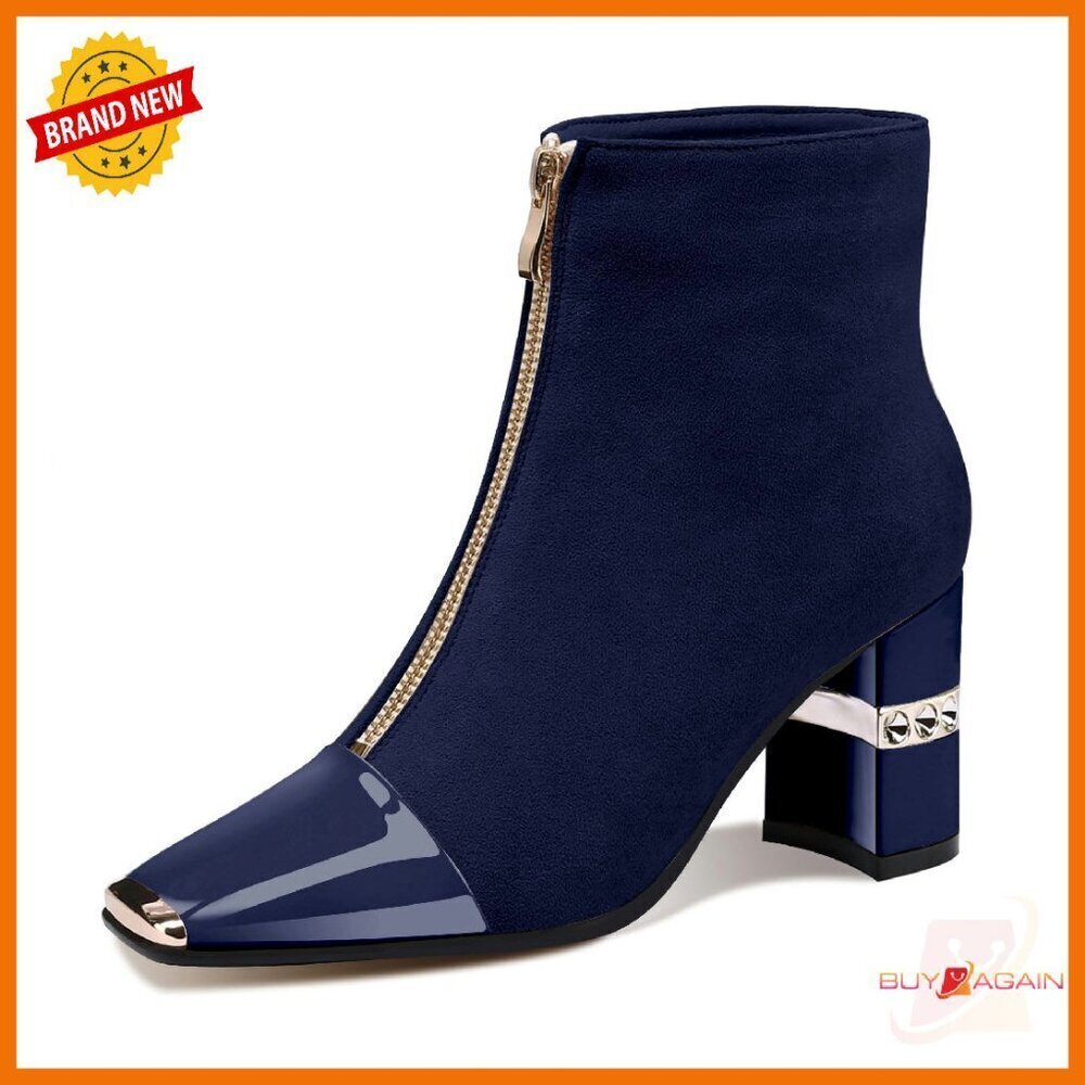 Women's Ankle Boots Block Chunky Heels Suede Square Toe Zipper Dress Booties